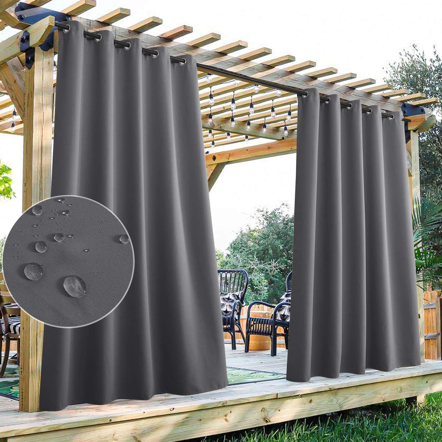 Two gray waterproof grommet top outdoor curtains on a pergola deck, showcasing water beading on the durable, fade-resistant fabric.
