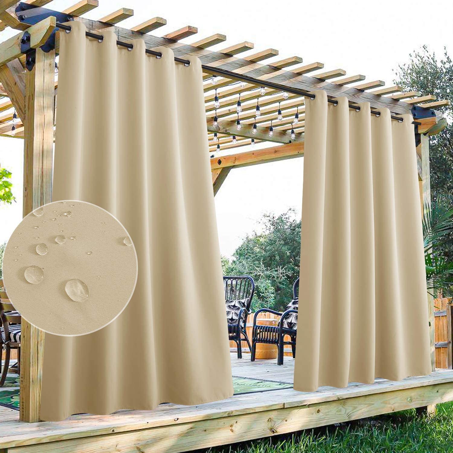 Beige waterproof grommet top outdoor curtains on a pergola, perfect for patio privacy & weather protection. Water beads shown.