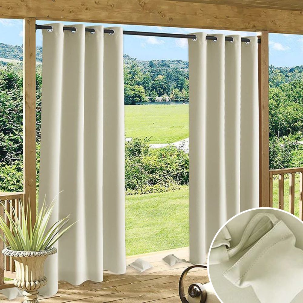 Beige waterproof grommet outdoor patio curtains, showcasing the weighted bag feature for stability against wind.