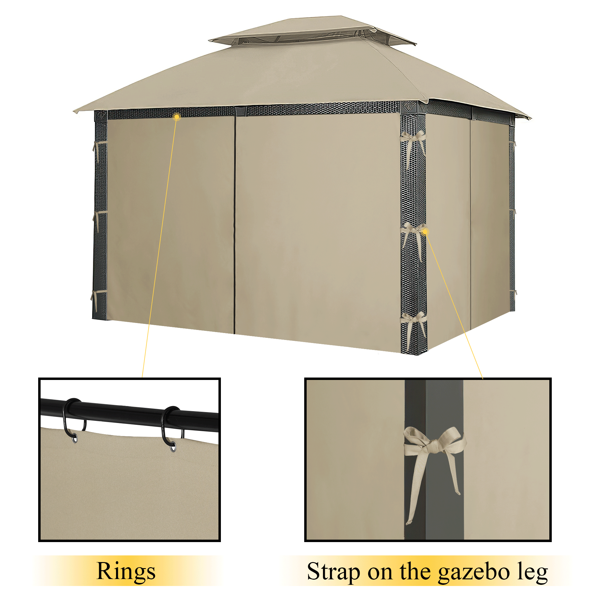 Waterproof outdoor gazebo side wall panel with grommets and ties for g