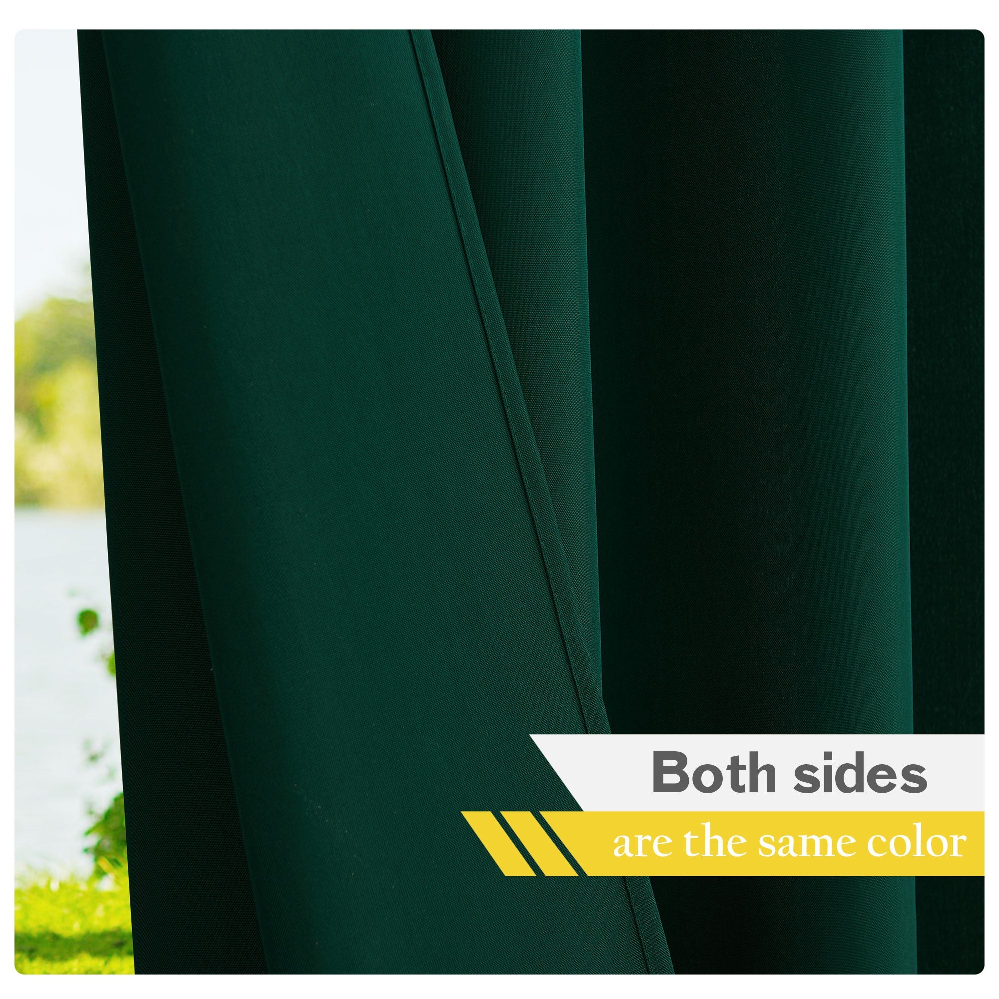 Close-up of dark green waterproof outdoor canvas patio curtain panel, highlighting the consistent color on both sides.