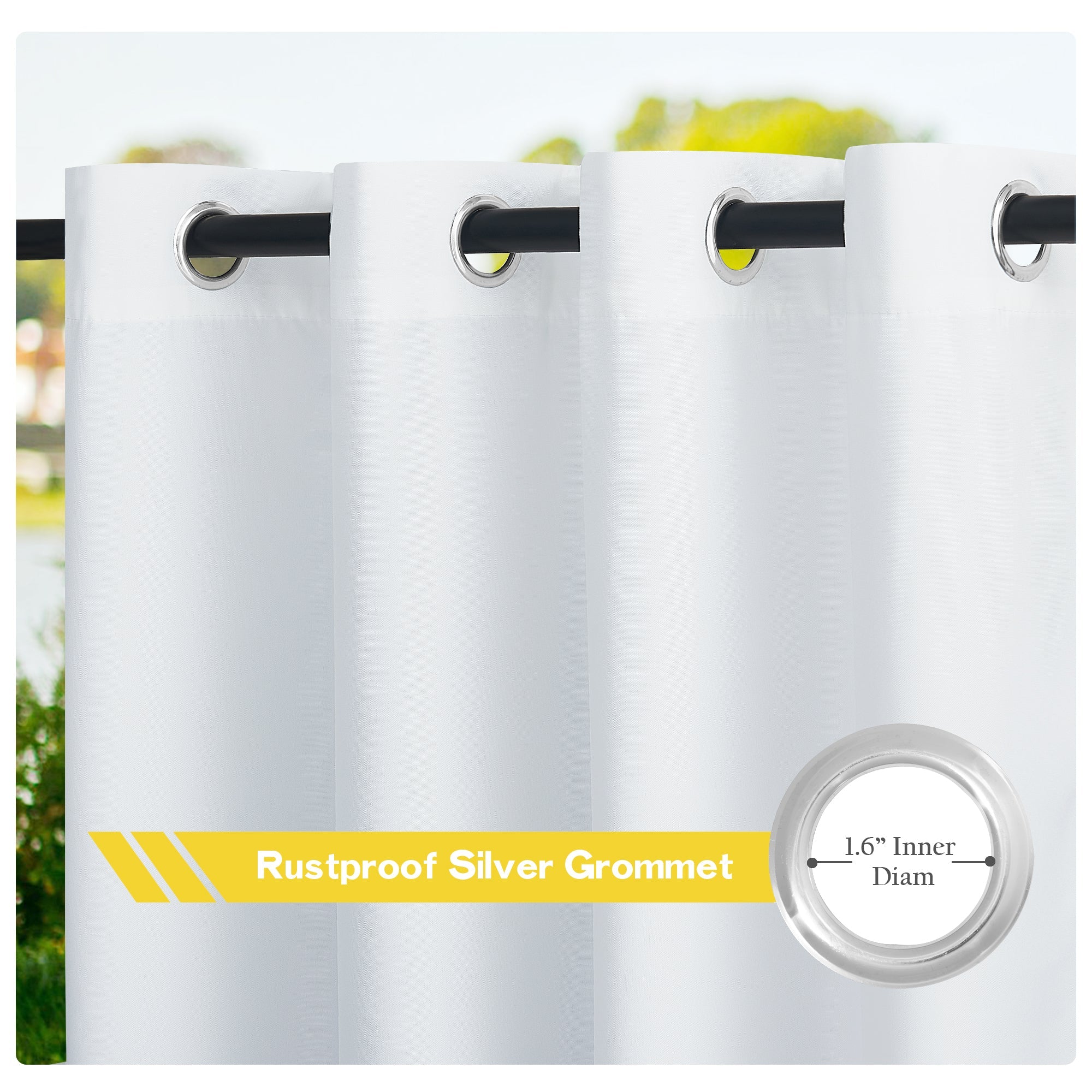 Close-up of a white waterproof outdoor patio curtain panel with rustproof silver grommets on a black rod, highlighting 1.6" inner diameter.