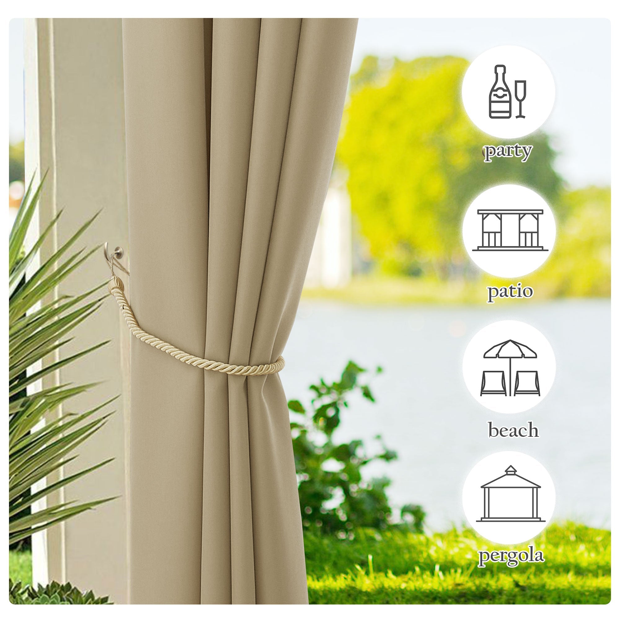Beige waterproof outdoor canvas curtain tied back, showing versatility for patio, party, beach, and pergola settings.