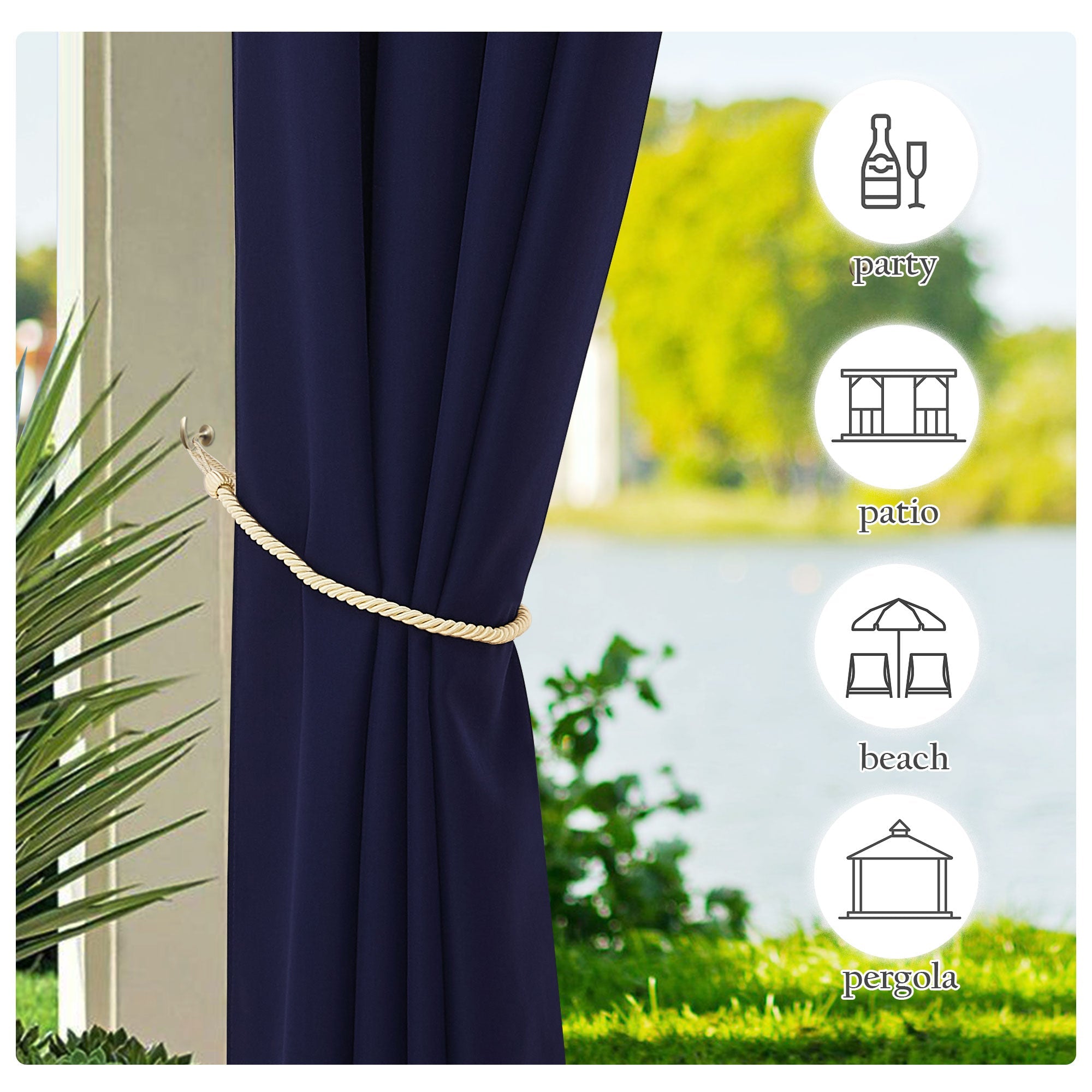 Navy blue waterproof outdoor canvas curtain with rope tieback, ideal for patios, pergolas, parties, and beach settings.