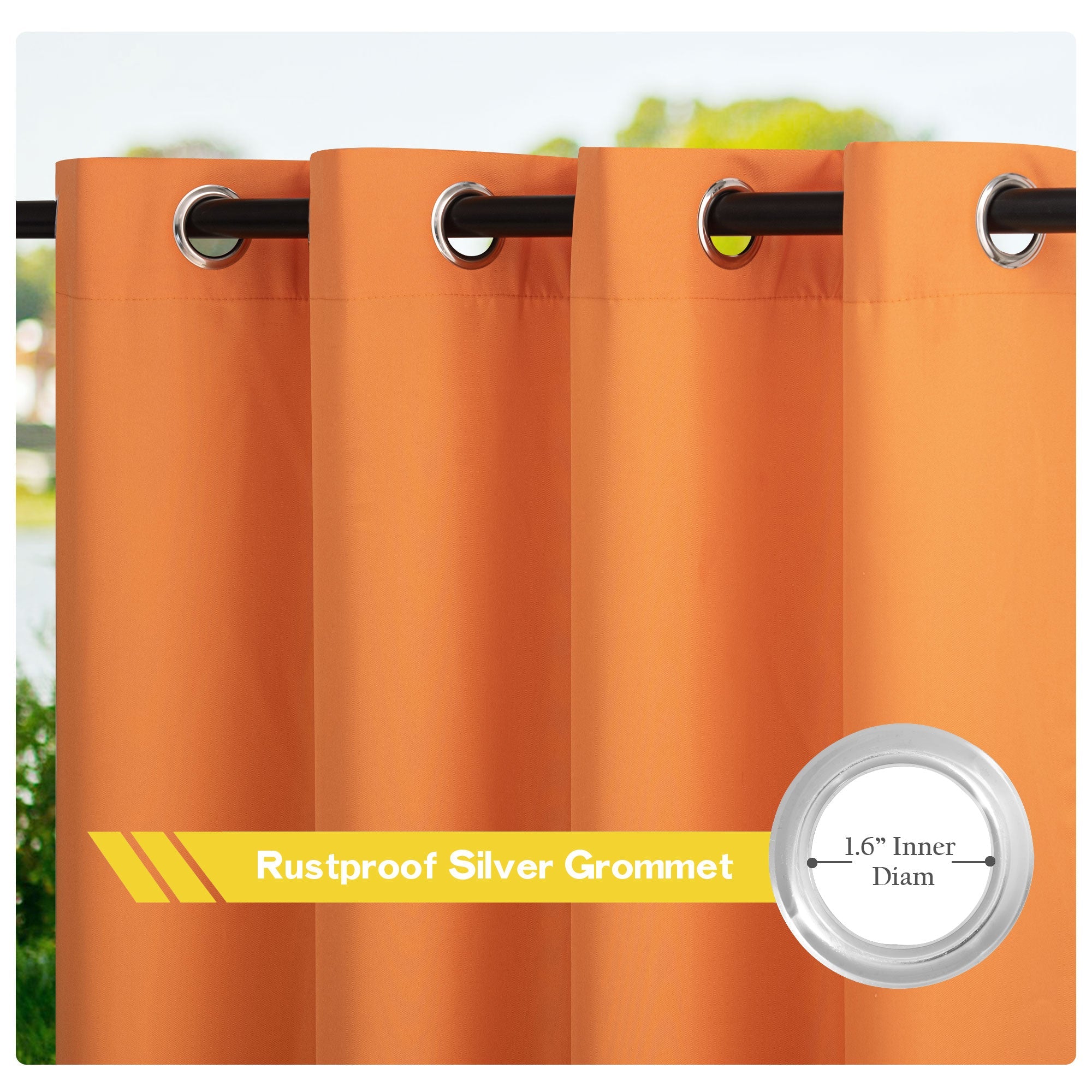 Orange waterproof outdoor canvas patio curtain panel, highlighting rustproof silver grommets with 1.6" inner diameter on a rod.