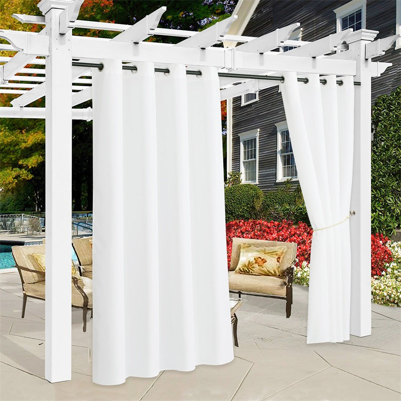 White waterproof outdoor canvas curtains hanging from a patio pergola, with a pool, garden, and seating area visible.