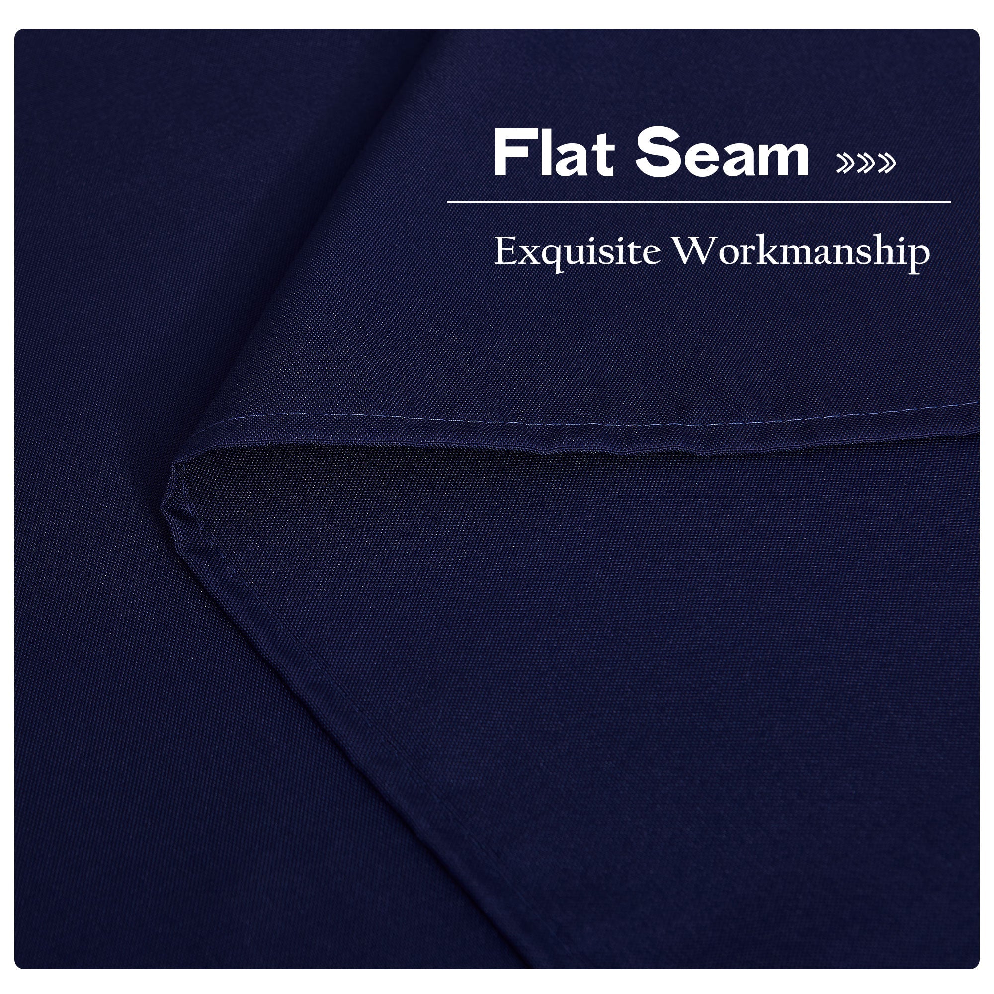 Close-up of dark blue waterproof outdoor canvas curtain fabric with a flat seam, highlighting exquisite workmanship and durable stitching.