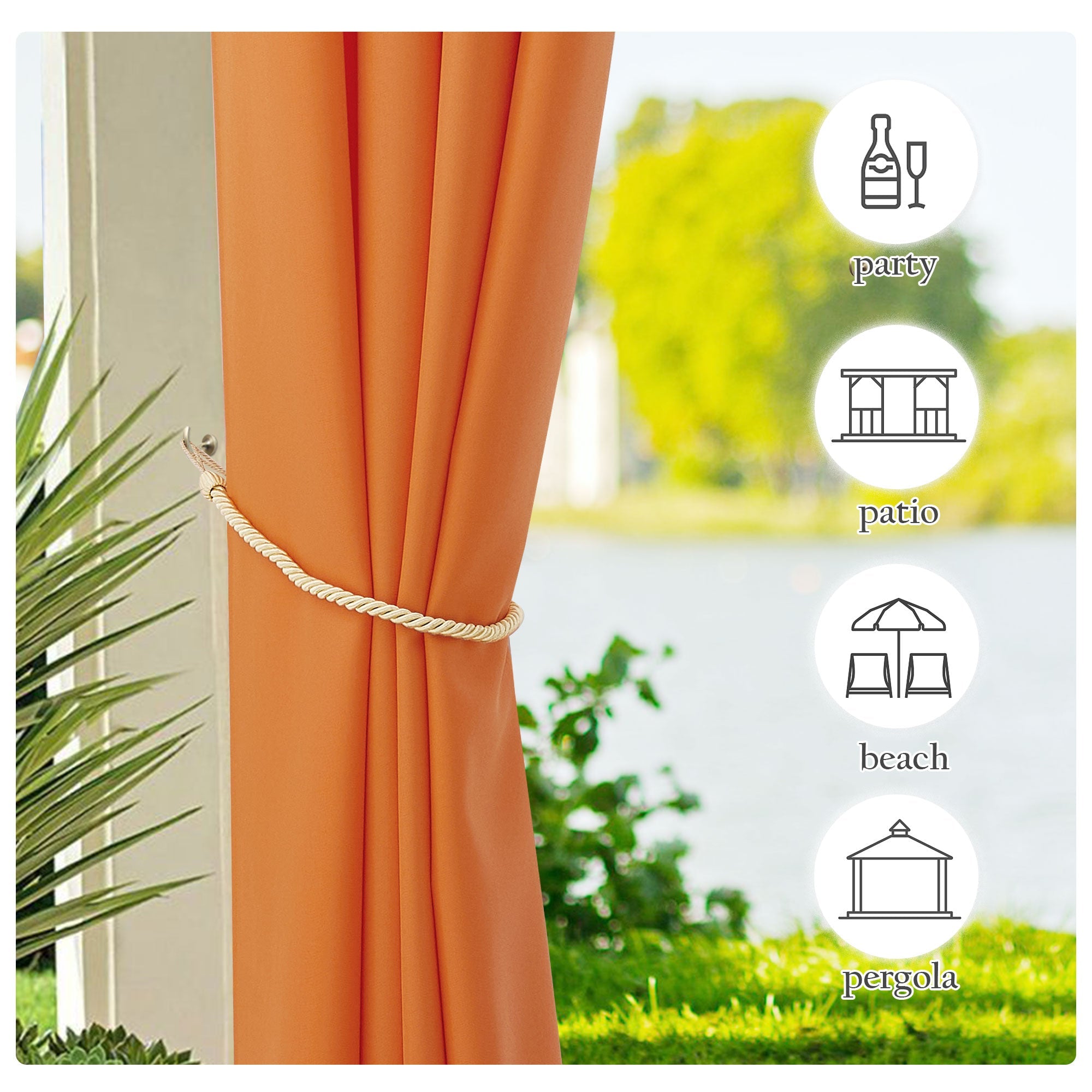 Orange waterproof outdoor canvas curtain panel tied back with rope, against a watery backdrop. Icons indicate use for patio, party, beach, pergola.