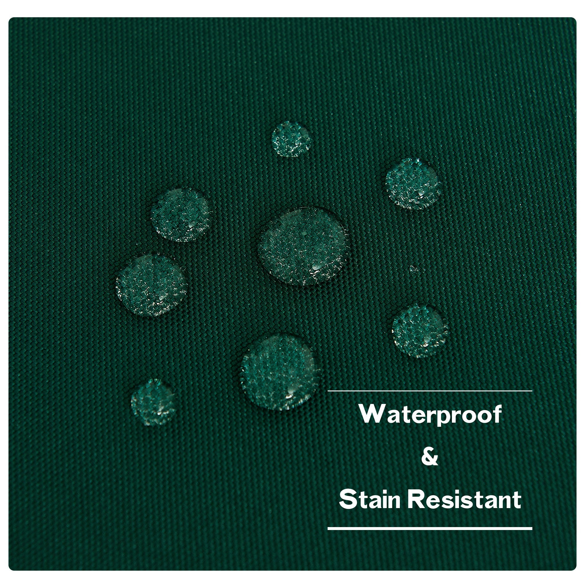 Detail of green outdoor canvas curtain material showing water beading, emphasizing its high-performance waterproof and stain-resistant finish.