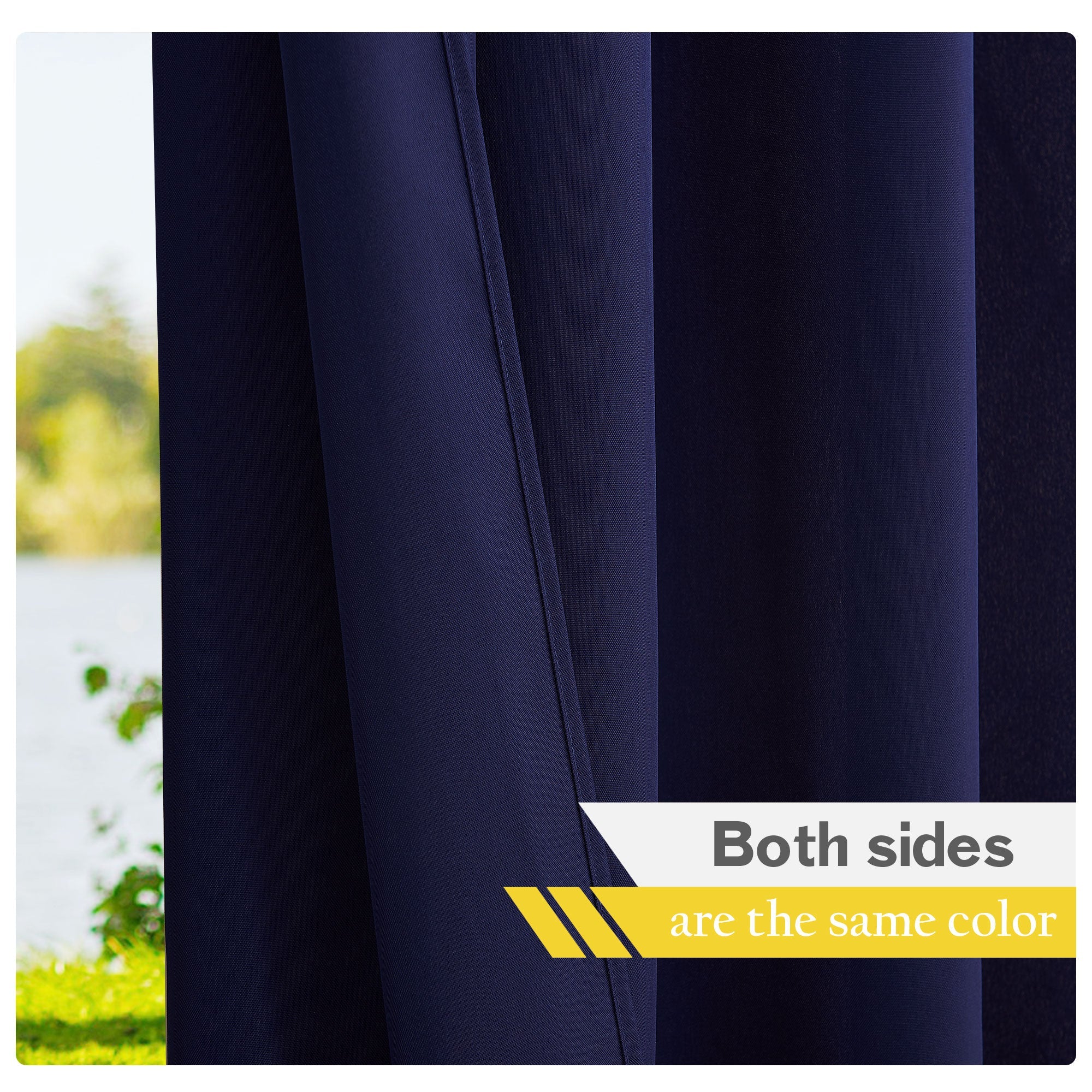 Navy blue waterproof outdoor canvas curtain panel, showing its uniform color and durable weave texture on both sides for patio.
