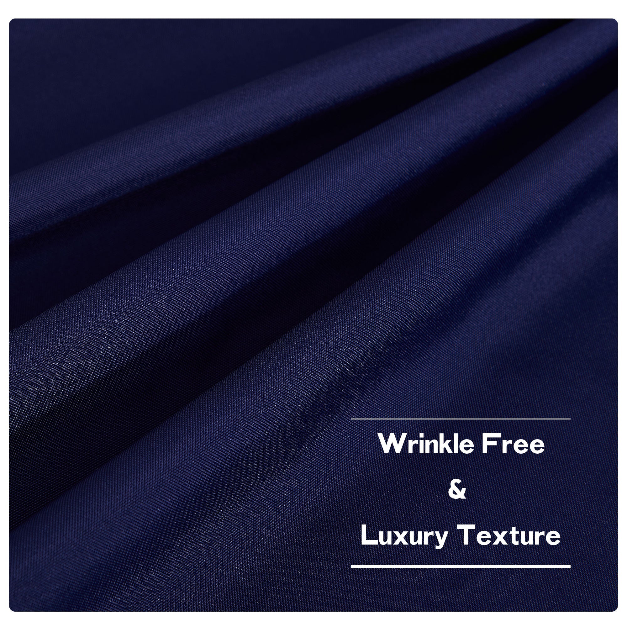 Close-up of deep navy blue waterproof outdoor canvas fabric, highlighting its wrinkle-free luxury texture and subtle weave.