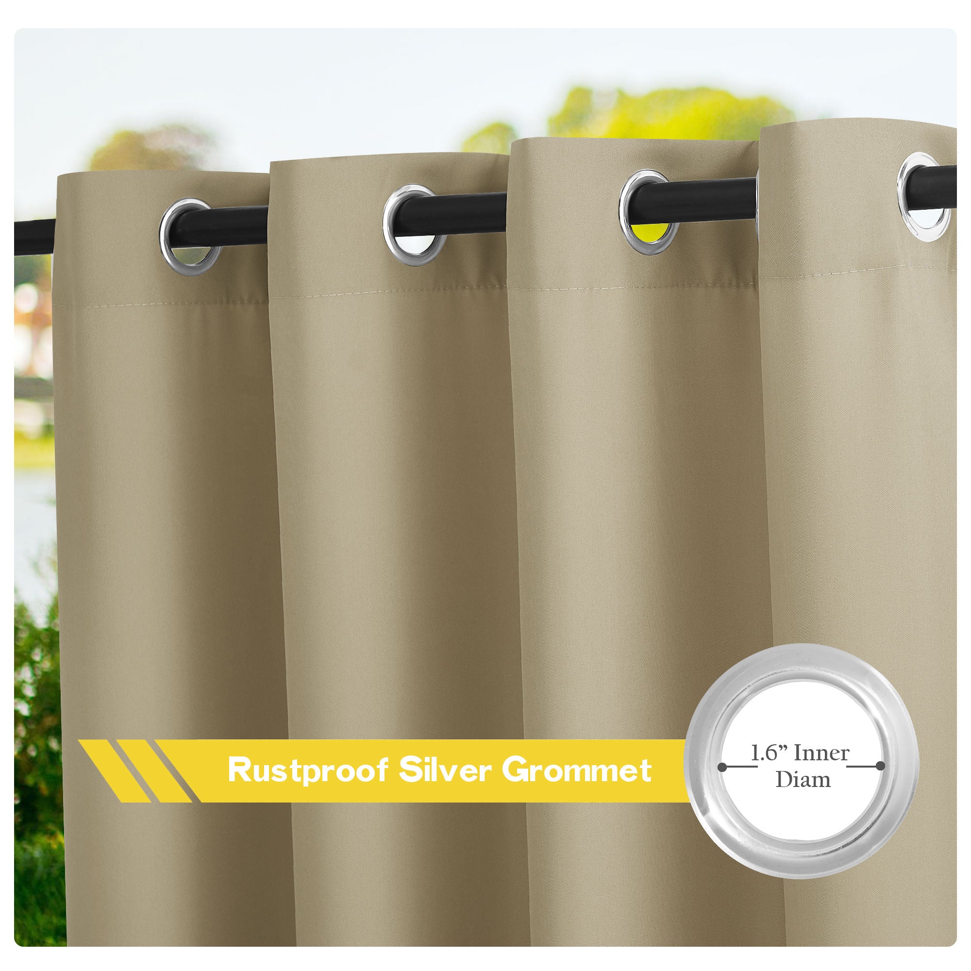 Close-up of beige waterproof outdoor canvas curtain panel, highlighting the 1.6" rustproof silver grommets on a rod.