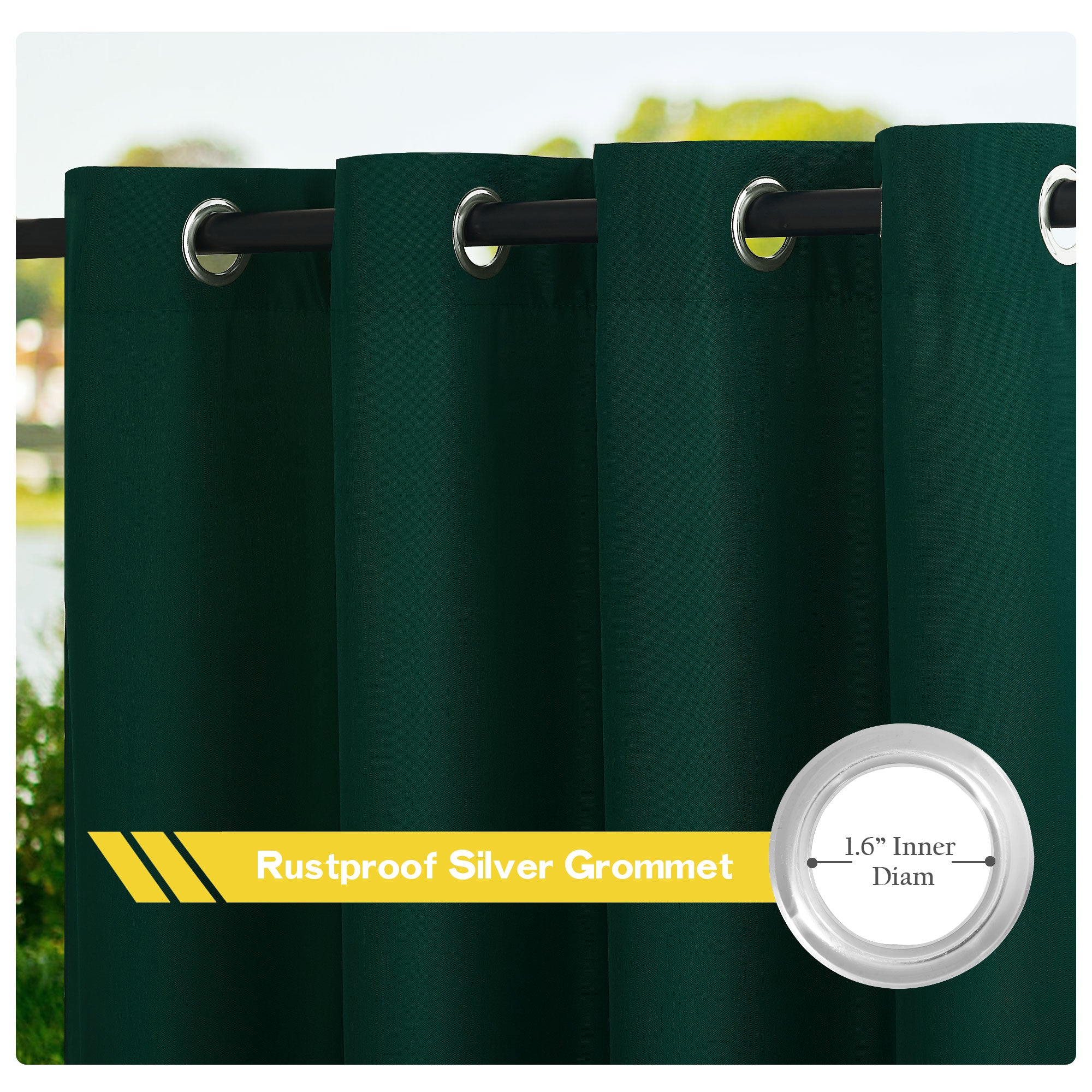Close-up of dark green waterproof outdoor canvas curtain fabric with a 1.6" rustproof silver grommet, perfect for patio shade.