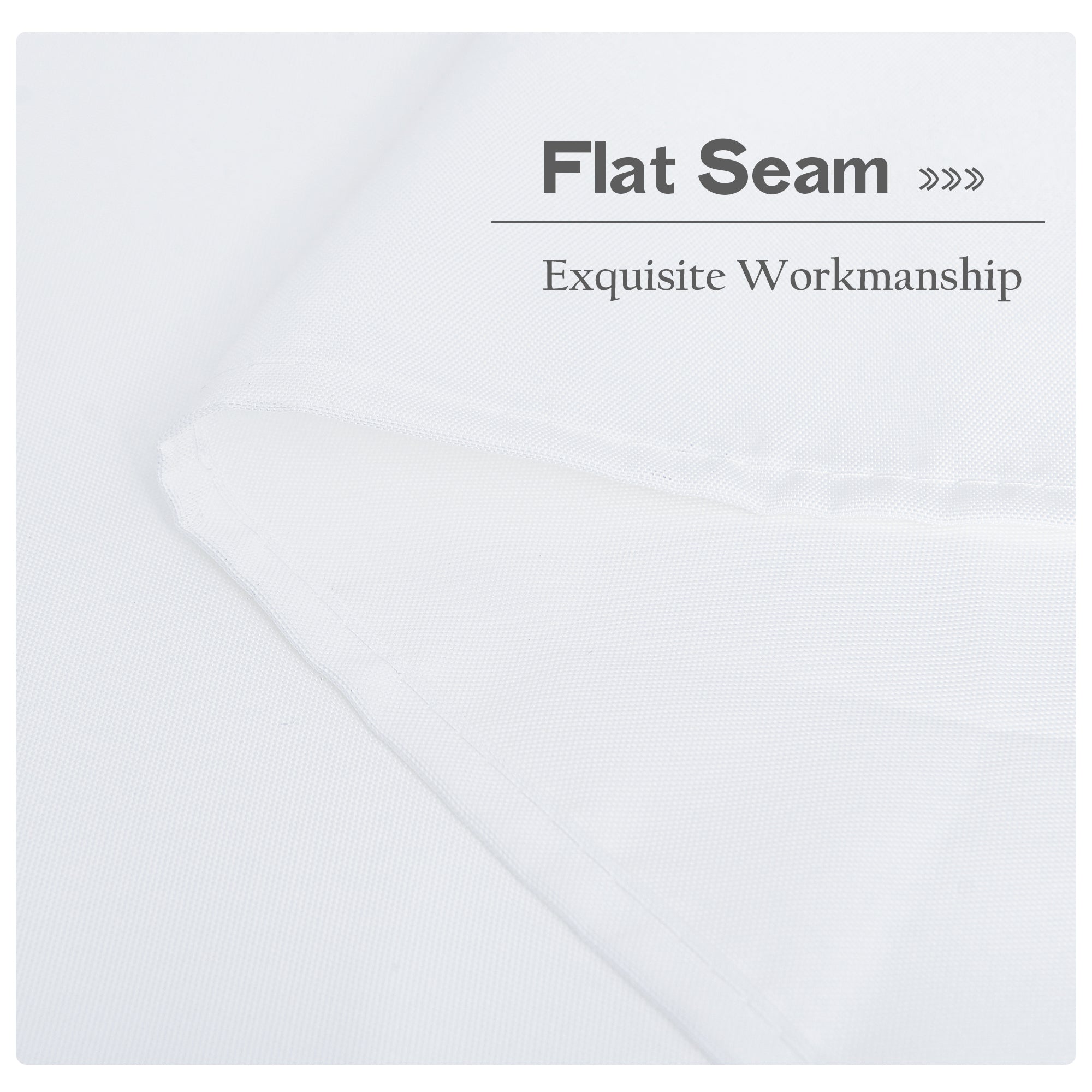 Close-up of white waterproof outdoor canvas curtain fabric showcasing a flat seam with exquisite workmanship and durability.