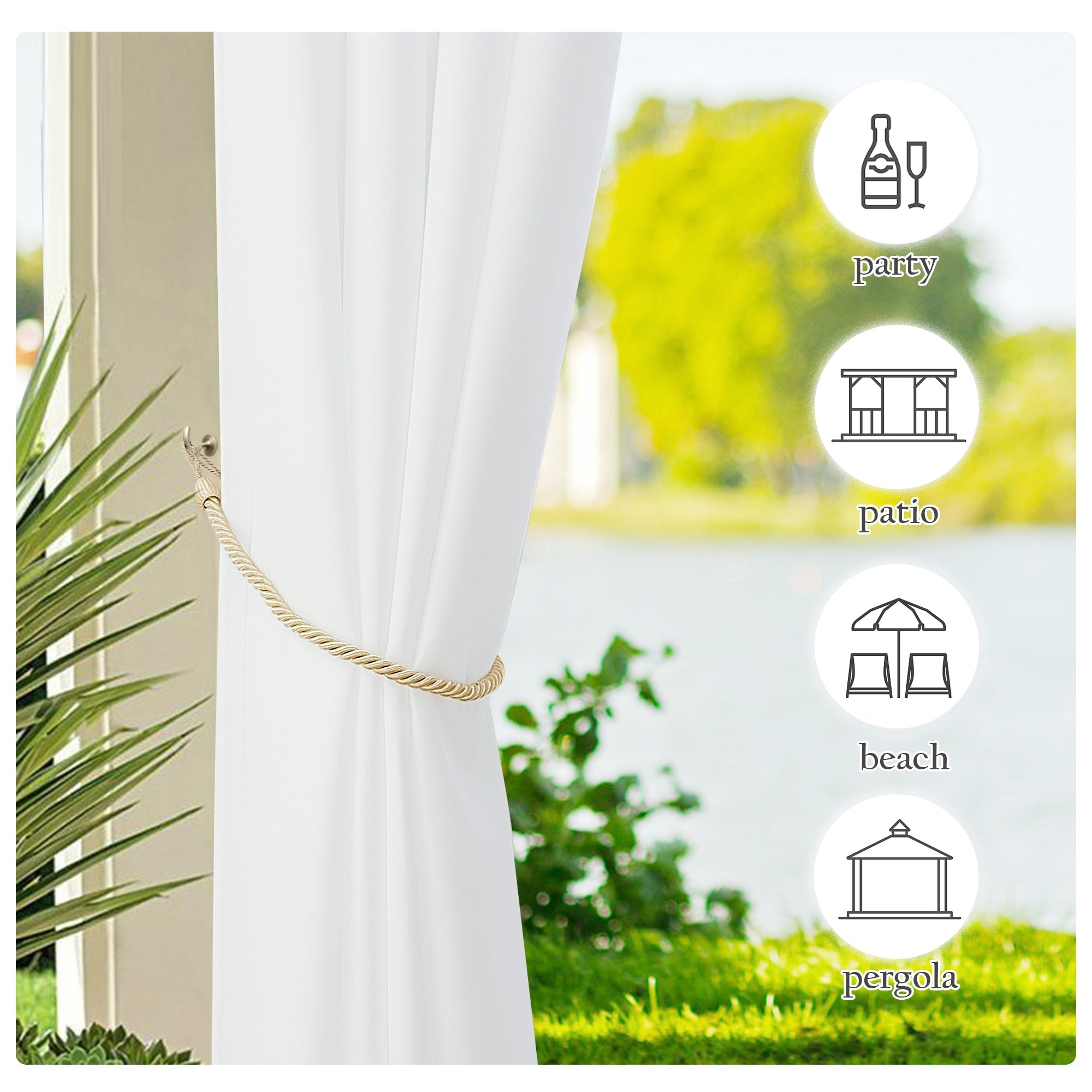 White waterproof outdoor canvas curtain panel tied back with gold rope, ideal for patio & pergola shade solutions, lakeside view.