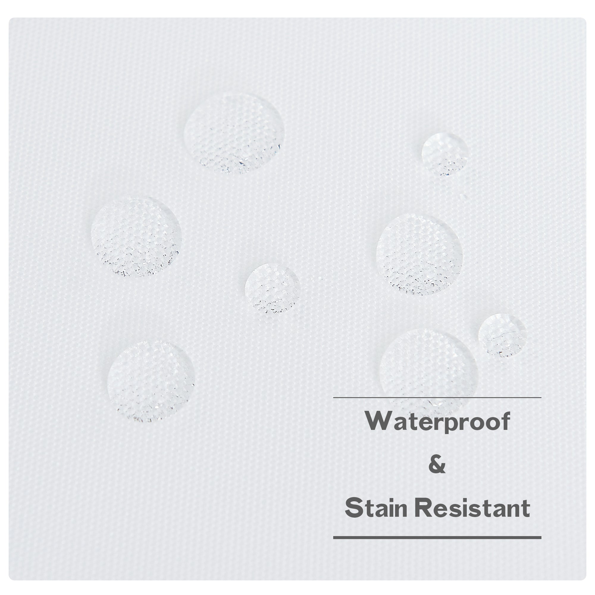 Close-up of white outdoor canvas curtain fabric showing water beading, highlighting its waterproof & stain resistant qualities.