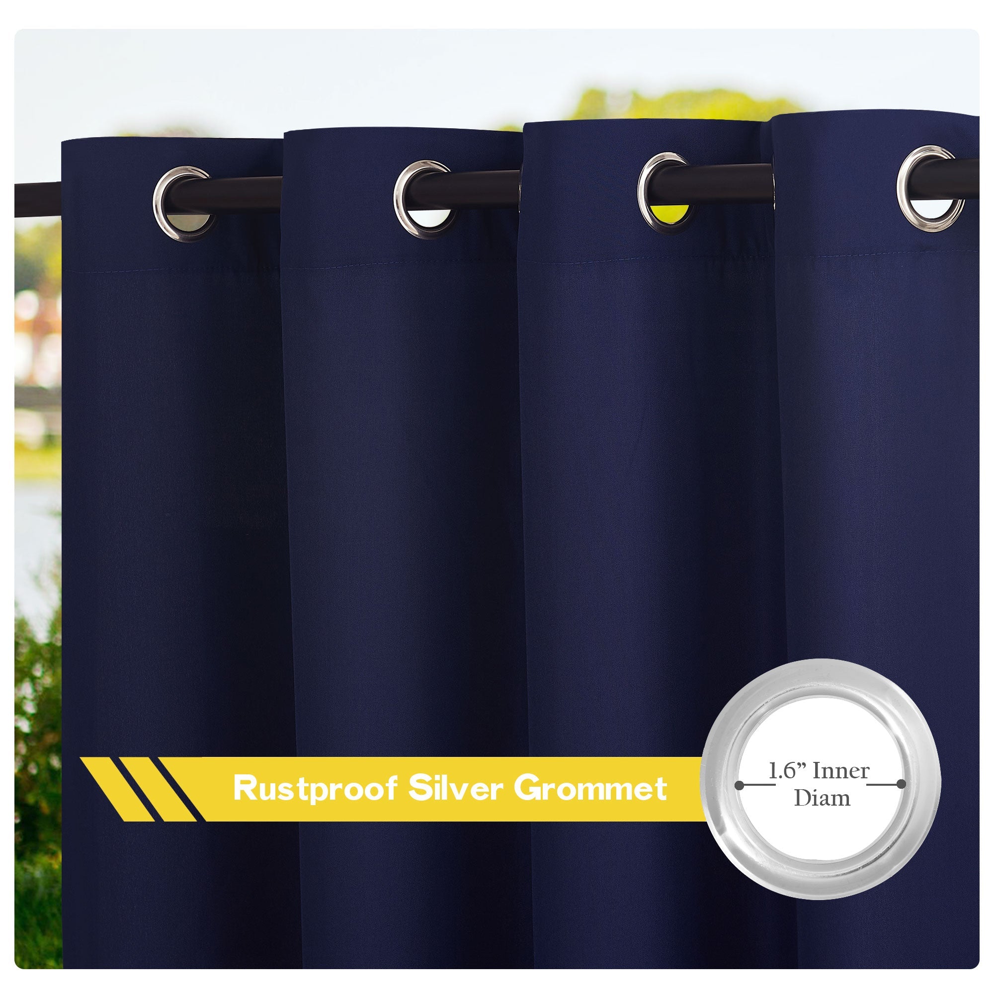 Navy waterproof outdoor canvas curtain detail, highlighting 1.6" rustproof silver grommets for easy patio hanging.