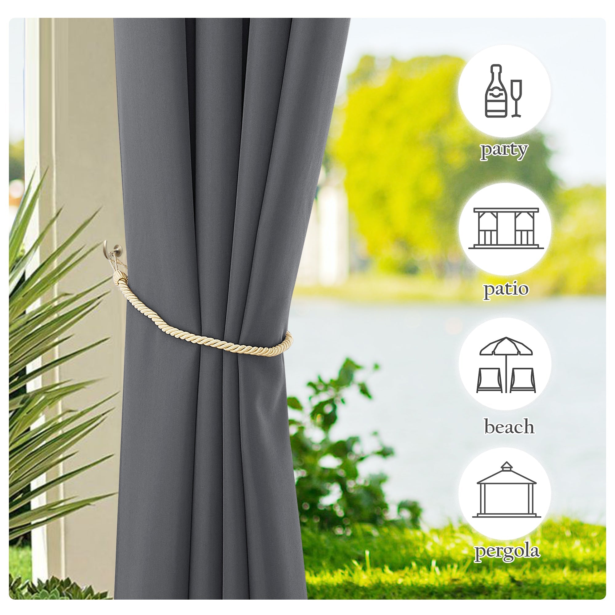 Dark gray waterproof canvas outdoor curtain with gold tie-back, shown with icons for patio, pergola, party, beach use.