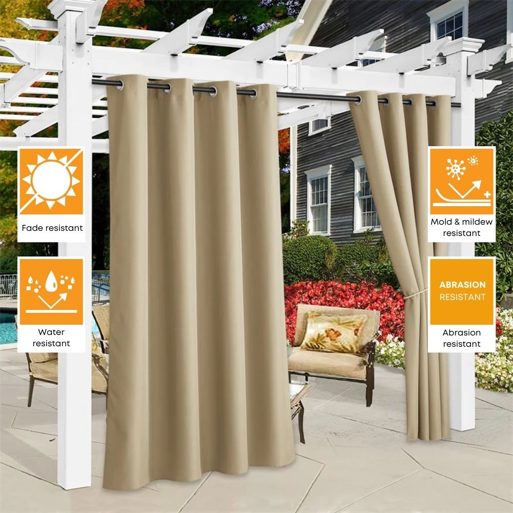 Waterproof outdoor canvas curtains for patio or pergola, beige, with grommet tops. Features fade, water, mold, abrasion resistance.