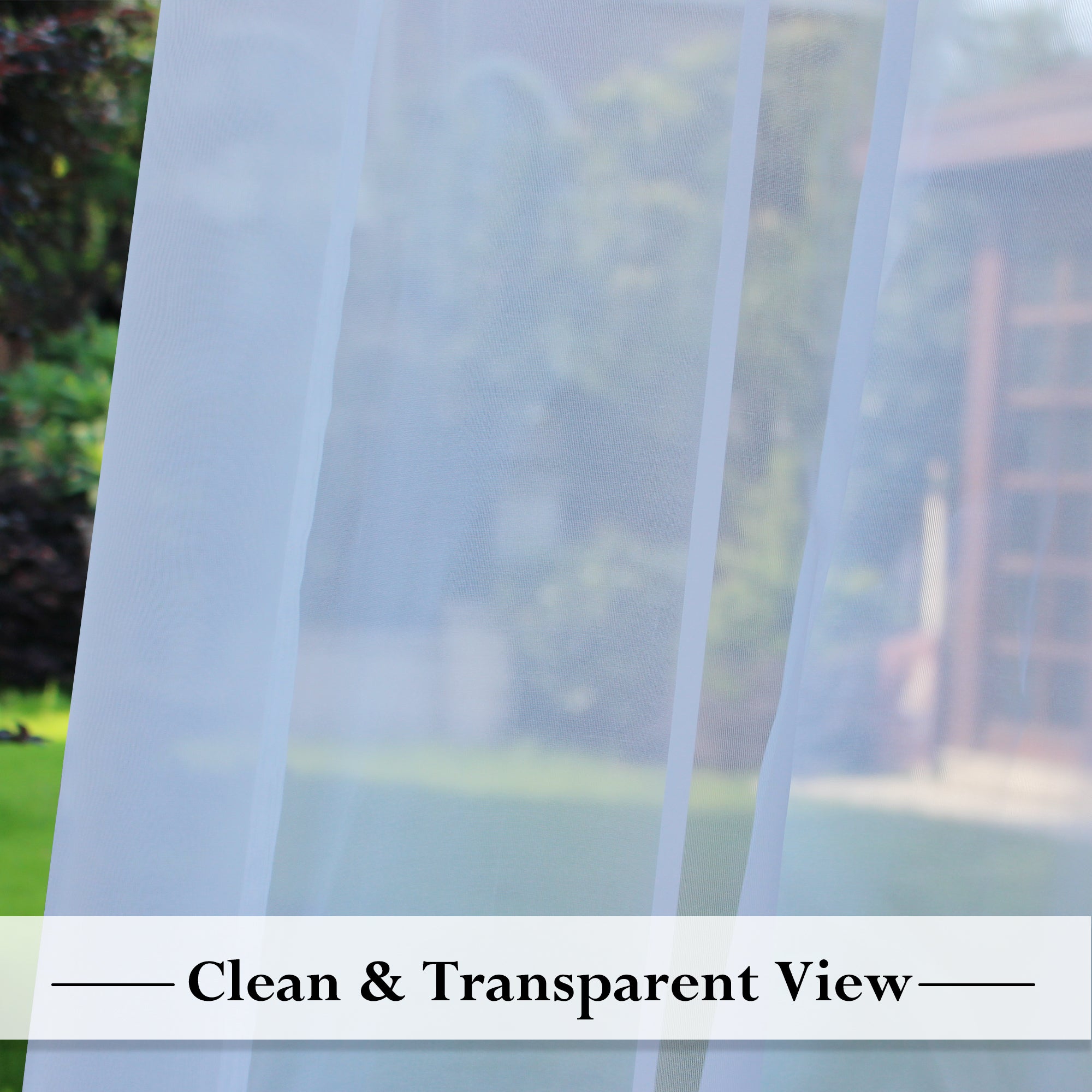 Close-up of white sheer waterproof outdoor curtain, highlighting its transparent fabric for a clean, private view.