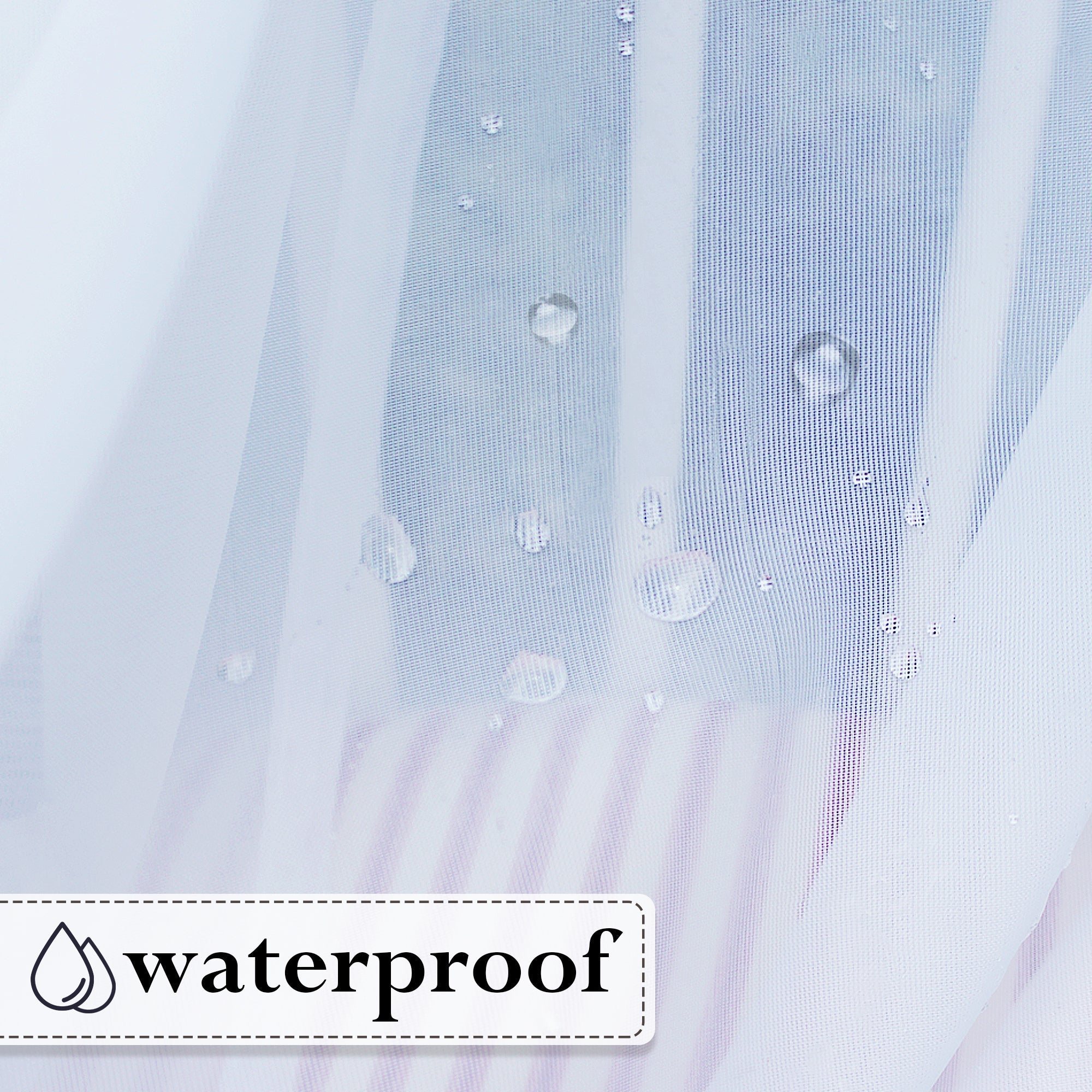 Close-up of water beading on the white waterproof outdoor sheer curtain fabric, highlighting its weather-resistant quality for patio privacy.