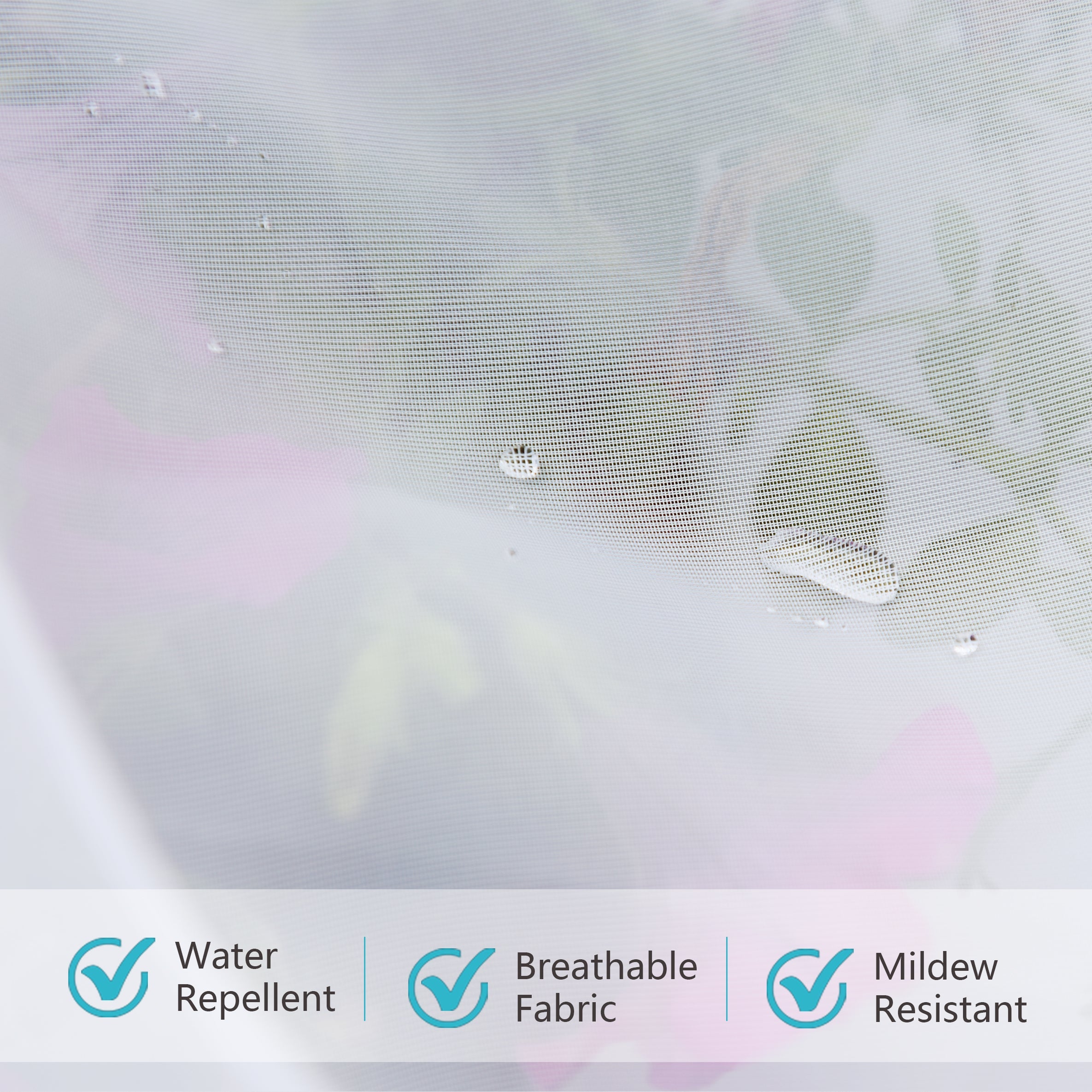 Close-up of KGORGE white waterproof outdoor sheer curtain fabric with water beads, highlighting its water-repellent, breathable, and mildew-resistant properties.