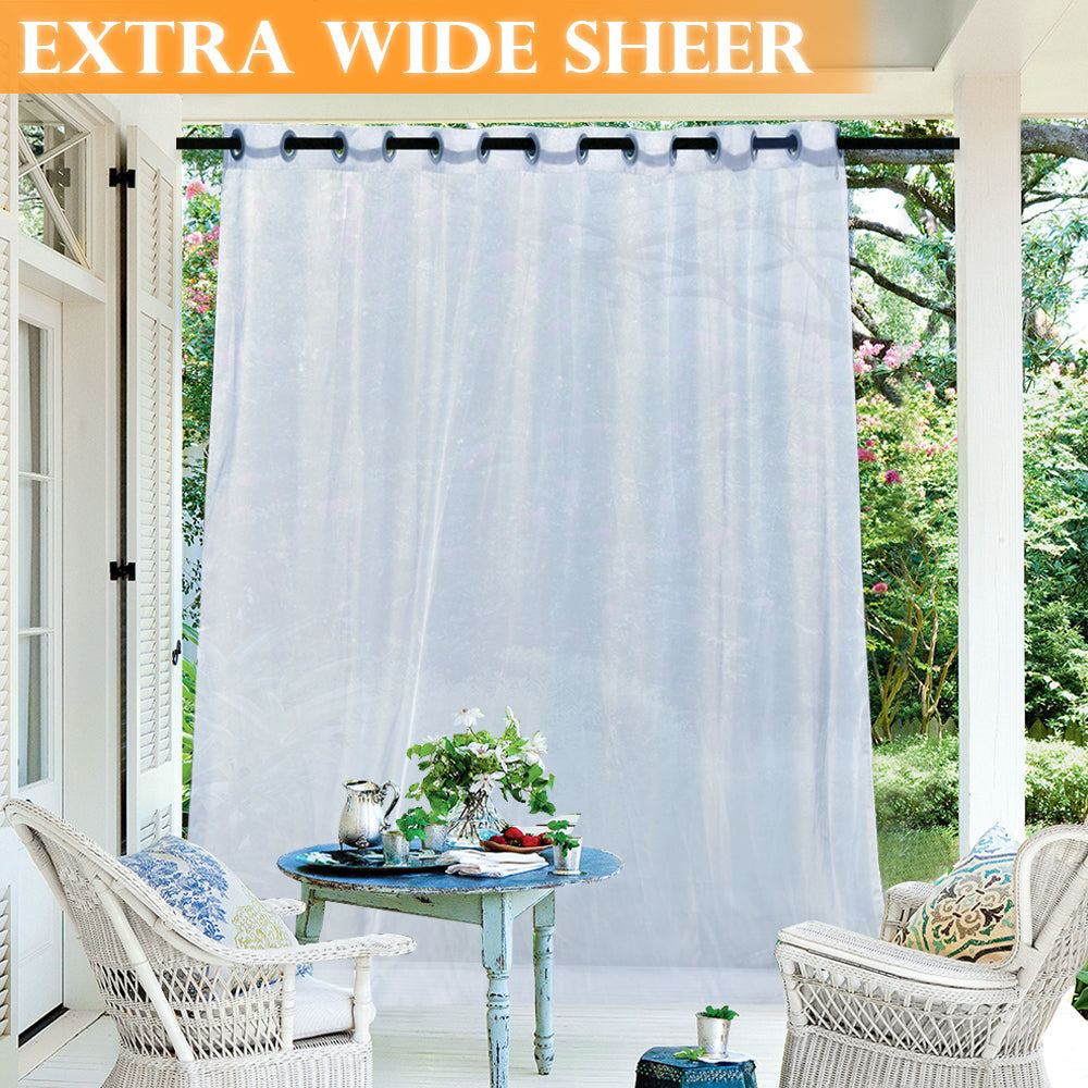 White extra wide grommet waterproof sheer outdoor privacy curtain hanging on a patio, creating a serene space.