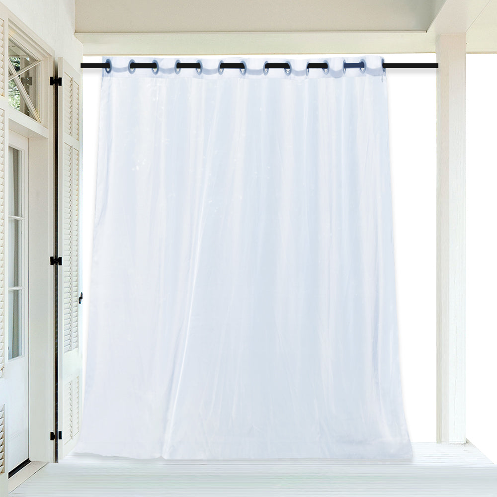 White grommet waterproof sheer privacy outdoor curtain panel hanging on a rod for patio or pergola.