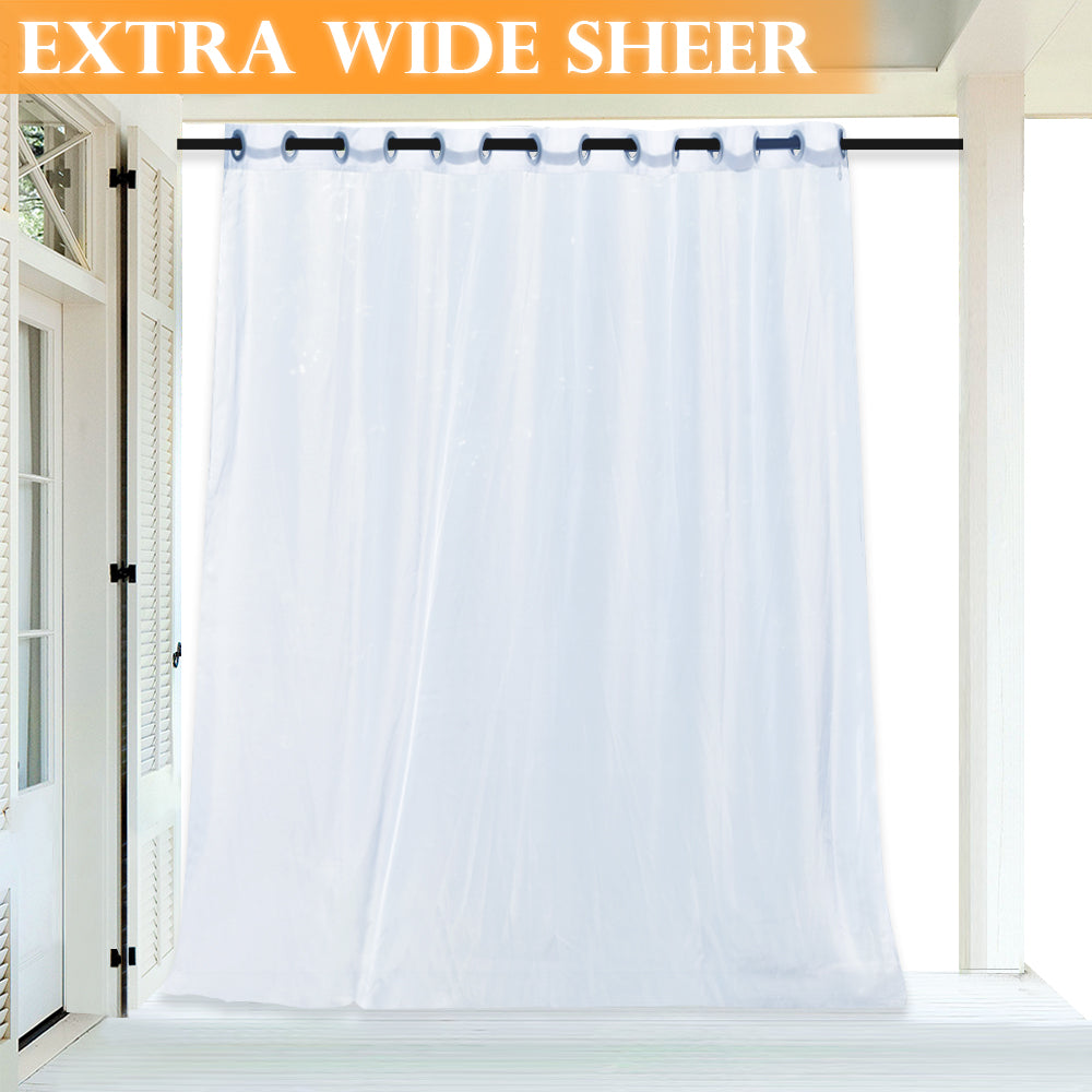 Single extra wide white grommet waterproof outdoor sheer privacy curtain panel for patio or pergola.