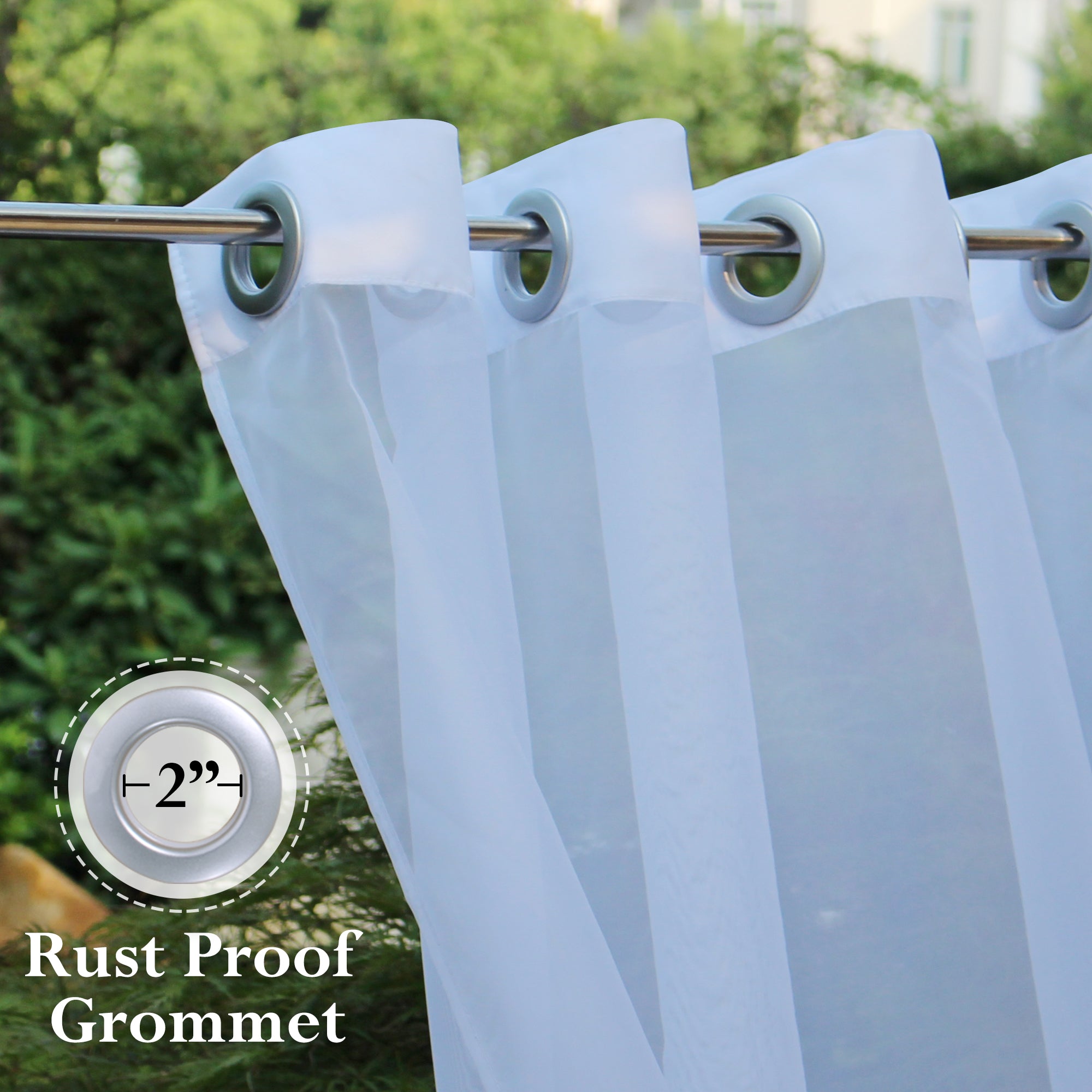 White waterproof outdoor sheer curtain panel with 2" rust-proof grommets on a rod, offering patio privacy.