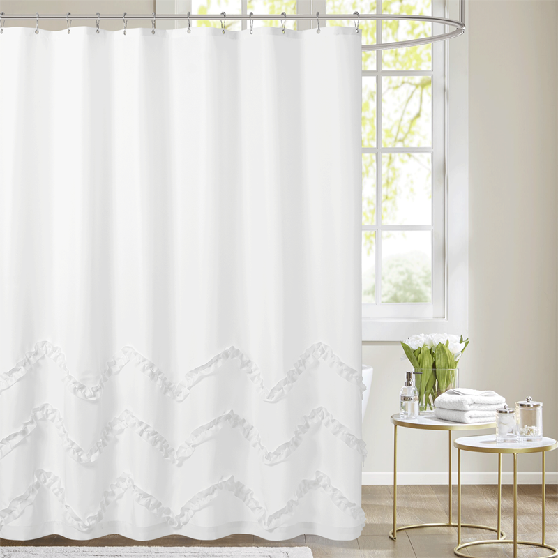 White Ruffle Fabric Shower Curtain with Zig-zag Stripes Farmhouse Washable and Waterproof Curtains for Bathroom KGORGE Store
