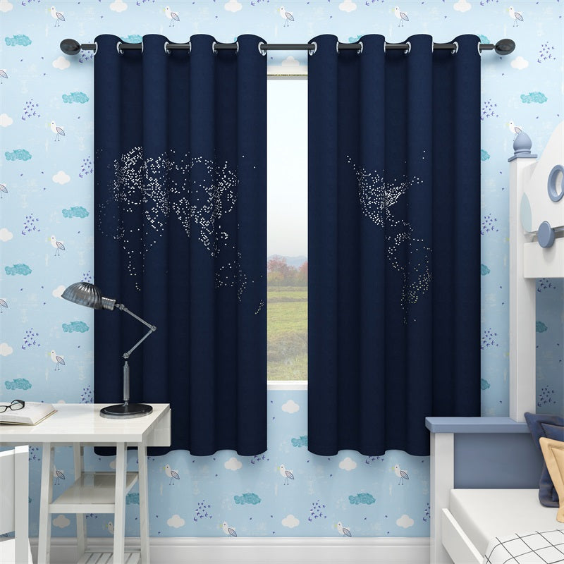 World Map Cut-Out Grommet Blackout Navy Blue Curtains For Living Room And Bedroom 2 Panels KGORGE Store
