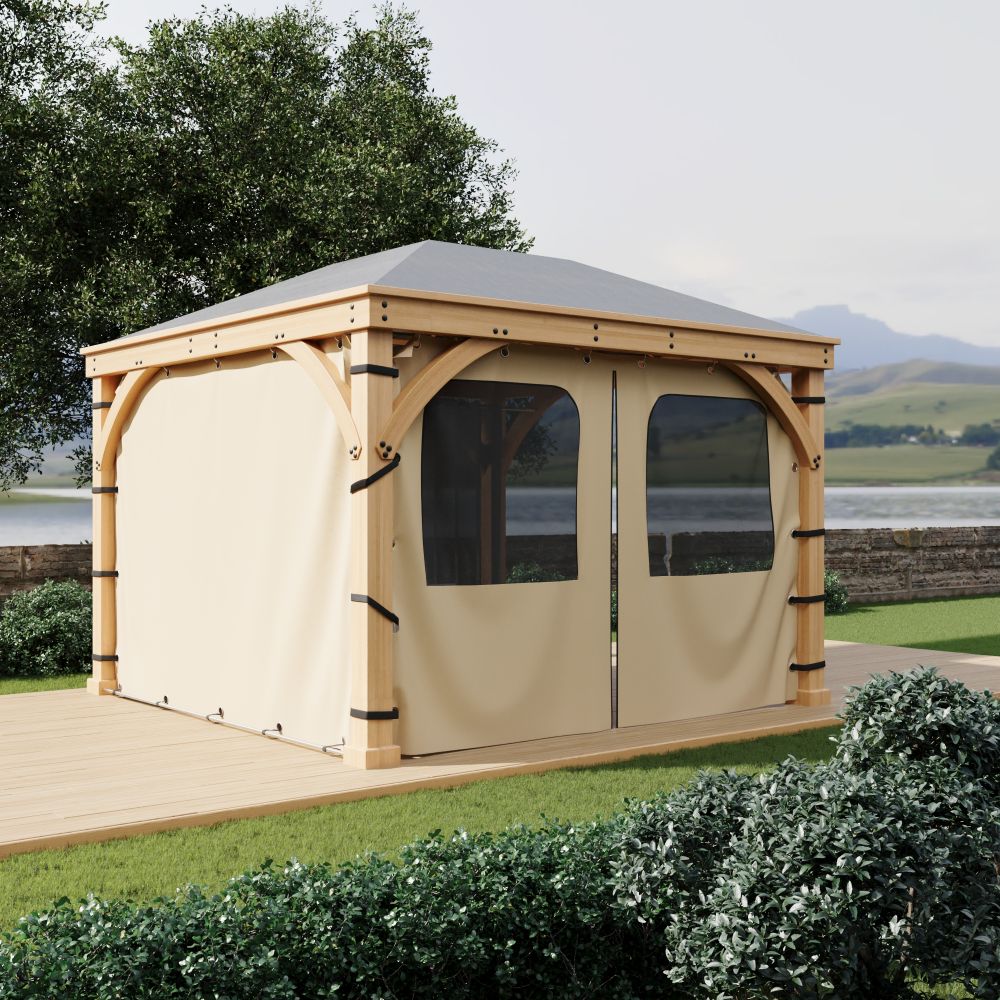 Beige waterproof outdoor gazebo sidewall panel with mesh windows and a zippered door, attached to a wooden pergola frame for patios.
